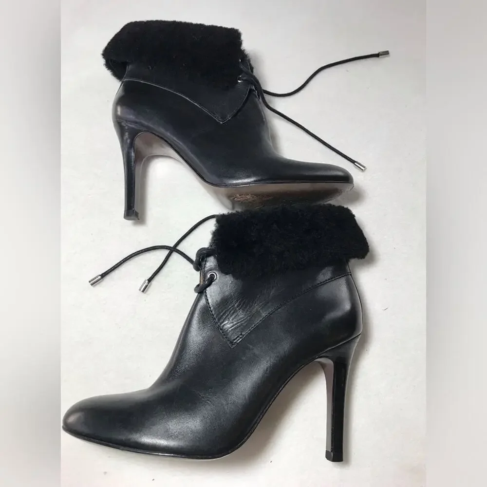Coach black leather malia 7.5 cuff shearling tie up heels stiletto sexy lace up